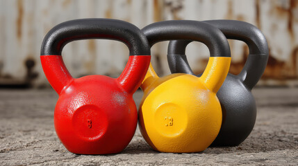 Red kettlebell yellow kettlebell gray kettlebell gym weight workout equipment fitness training strength exercise durable cast iron