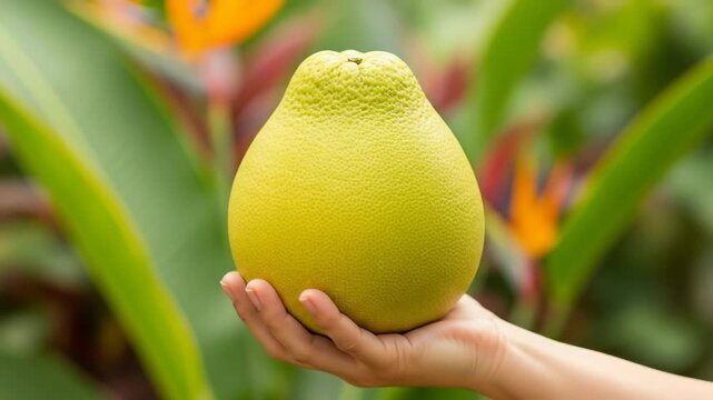 Hand holding vibrant pomelo against exotic tropical foliage with bird of paradise