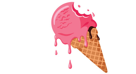A scoop of pink ice cream in a cone is shown melting down the sides.