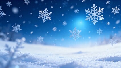 Naklejka premium Snowflakes falling over a snowy landscape under a bright blue sky