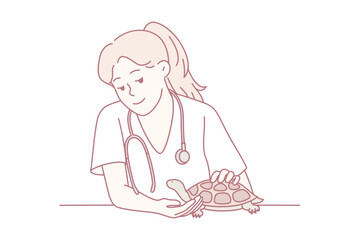 vet examining small turtle on table, gentle female veterinarian uses stethoscope to check shell and breathing,