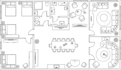Modern architectural floor plan layout, detailed interior blueprint with living areas, bedrooms, dining room, office zones, furniture arrangement, professional real estate drawing
