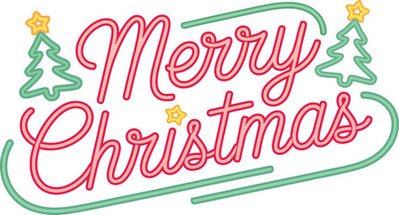 Retro neon merry christmas sign with trees and stars