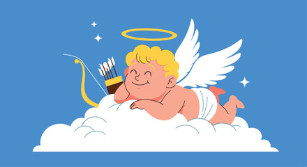 An angelic cherub floats on a cloud taking aim with a bow and arrow ready to inspire love.