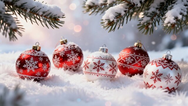 Christmas ornaments with snowflake patterns resting on snow under pine branches - Powered by Adobe