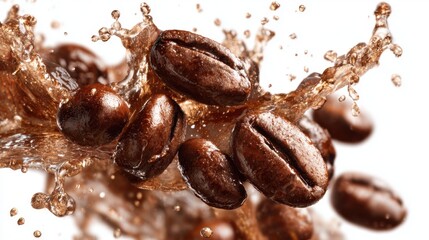 Obraz premium Fresh coffee beans leap into clear water creating lively splashes and bubbles. The close up view highlights their rich texture and glossy appearance evoking the essence of brewing coffee.