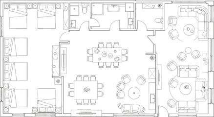 Modern residential floor plan layout with bedrooms, bathrooms, dining area, living room seating zones, detailed furniture arrangement, interior design blueprint, architectural drawing