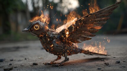 A mechanical bird crafted from metal soars into the sky with flames erupting from its wings in a deserted environment during twilight. This striking image highlights creativity and innovation.