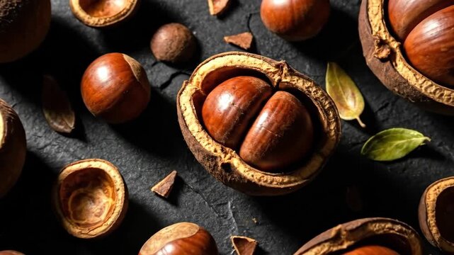 Closeup evolution of chestnuts: from shell to seed on dark stone surface