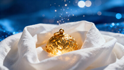 A glowing gold filigree Christmas ornament with magical sparkles. Festive holiday decoration on a blue bokeh background