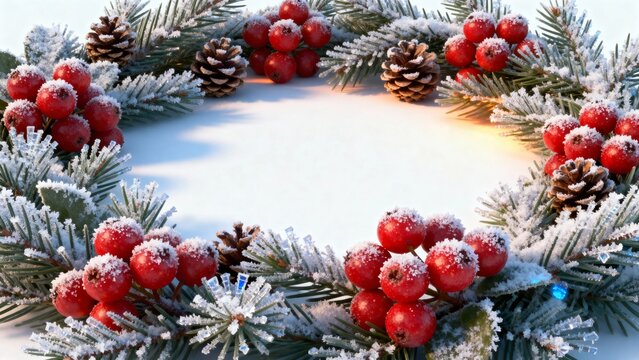 Frost-covered Christmas wreath with red berries and pinecones on snow
