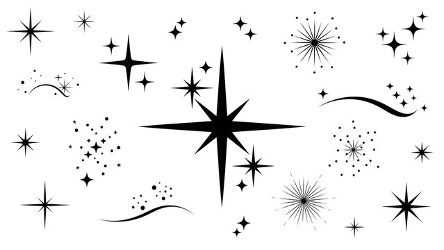 A versatile collection of sparkling starbursts, twinkles, and celestial elements for festive designs, magic, and celebration backgrounds, graphics.