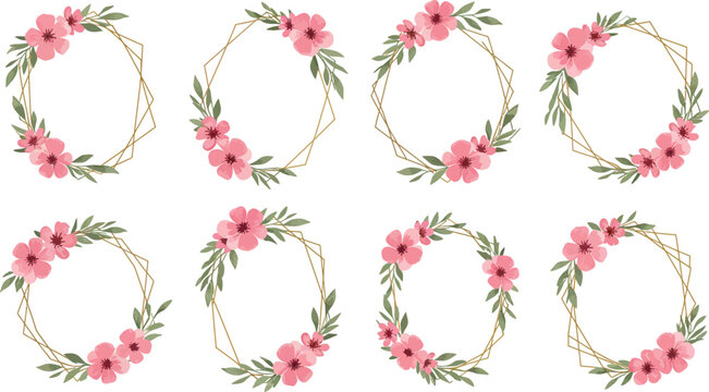 Collection of elegant oval floral wreaths with pink flowers and green leaves