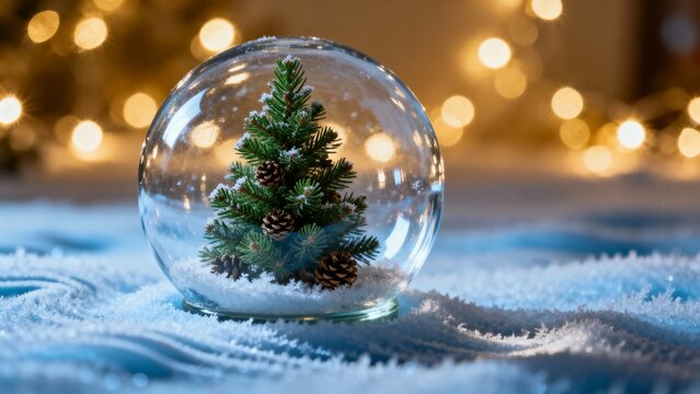 A clear glass snow globe containing a small evergreen tree with pinecones, set on a snowy surface with warm bokeh lights in the background.