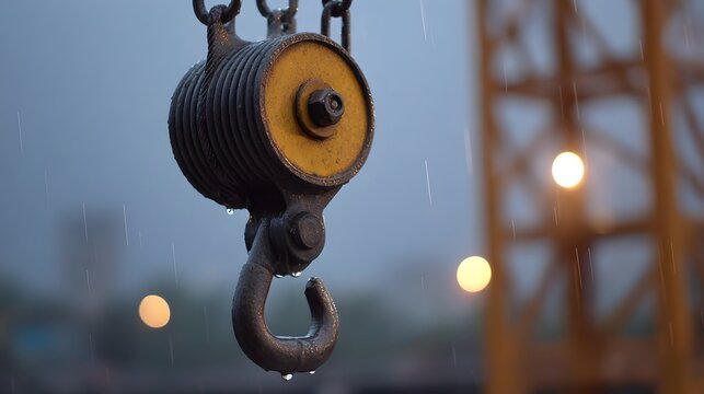 A weathered industrial crane hook and pulley system hangs in the gentle rain at twilight with blurred lights in the background