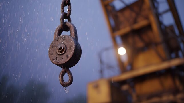 A rusty industrial pulley hangs from a chain in the rain with a blurred background - Powered by Adobe