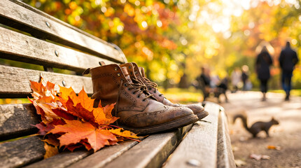 Autumn on a Bench Leather Boots and Maple Leaves in Golden Sunlight, Outdoors Relaxation