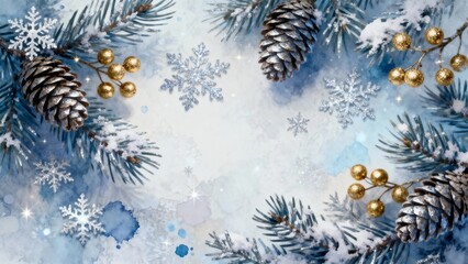 Winter scene with snow-covered pine branches, pinecones, golden berries, and snowflakes on a blue background