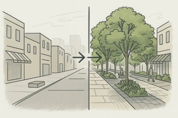 Fototapeta premium Urban Revitalization Contrast Showcasing Barren Cityscape Transforming into Lush Green Corridor with Tree Lined Pathways and Inviting Public Spaces Promoting Community Interaction