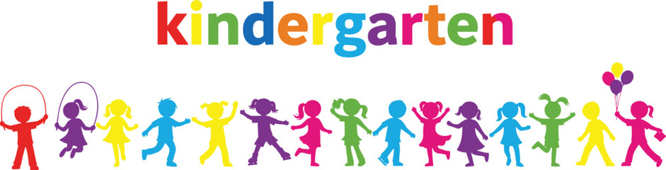 Colorful Kindergarten Typography with Happy Kids Silhouettes Playing Together Vector Illustration for Preschool Education