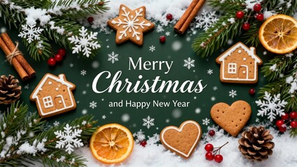 Christmas holiday scene with gingerbread cookies, pine branches, cinnamon sticks, dried oranges, and snowflakes on a green background