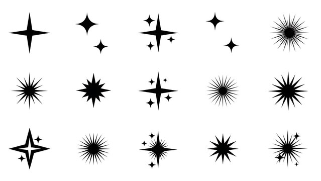Collection of diverse black sparkle and starburst icons, perfect for adding a touch of shimmer and shine to any design project
