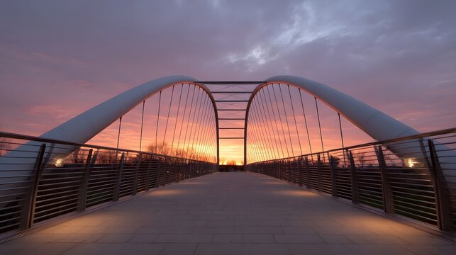 A modern pedestrian bridge with suspension arches silhouetted against a vibrant sunset sky