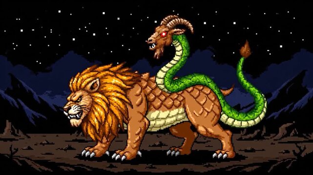 Pixelated illustration of a Chimera, lion body, goat head, serpent tail, breathing fire against a night sky