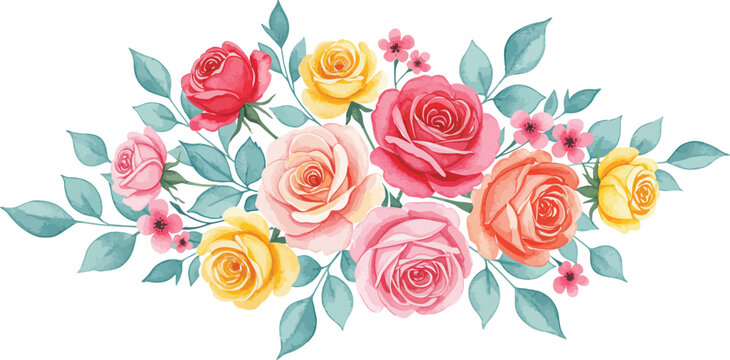 Vibrant watercolor rose bouquet with green leaves and pink accents