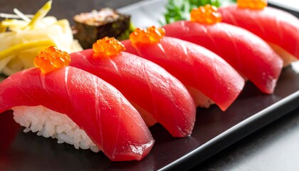 Vibrant red tuna nigiri sushi topped with roe sits elegantly on a dark plate with pickled ginger garnish