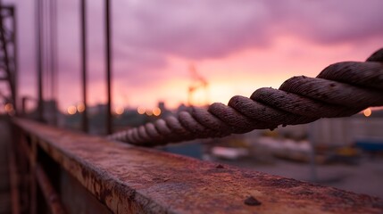 Close up of a thick weathered steel cable on an industrial bridge railing during a dramatic sunset