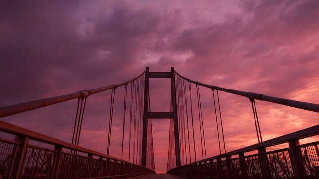 A dramatic suspension bridge is silhouetted against a vibrant sunset sky filled with colorful clouds