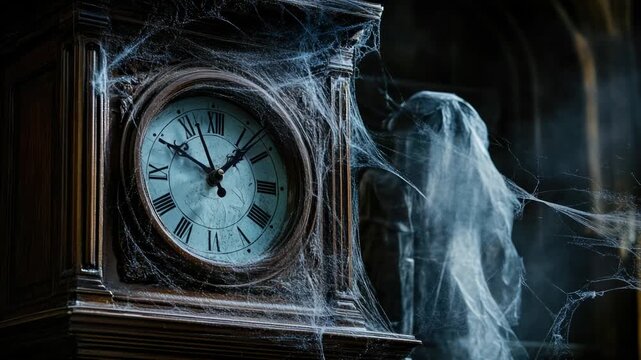 Video A clock with a ghostly figure standing behind it
