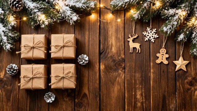 Christmas gifts wrapped in brown paper on wooden table with festive decorations including pine branches, lights, ornaments, and gingerbread figures