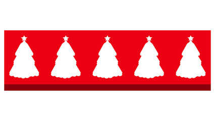 A  festive horizontal banner or label, a repeating pattern of five stylized white Christmas tree silhouettes, each topped with a small star