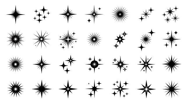Sparkle star icon set, various glitter light effects, shine, glow, burst, flash, magic, bright decoration element collection vector art graphics