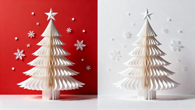 White paper Christmas tree with star topper displayed against red and white backgrounds with snowflake decorations