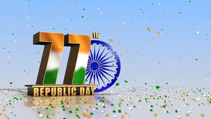 77th Republic Day Tricolor 3D Text with Rotating Ashoka Chakra and Falling Confetti