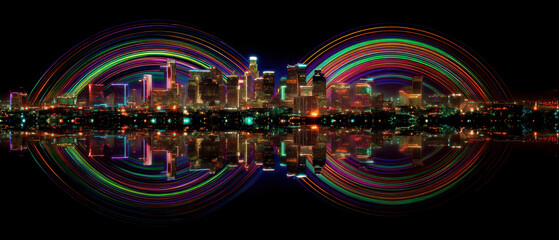Fototapeta premium Vibrant nighttime cityscape with glowing skyscraper lights and mirrored water reflection beneath colorful circular light trails creating energetic festive atmosphere