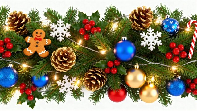 Christmas garland decorated with pinecones, ornaments, berries, snowflakes, and lights