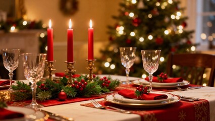 Christmas dinner table setting with candles, evergreen garland, and a decorated tree in the background