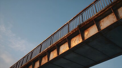 Fototapeta premium A rusty steel pedestrian overpass illuminated by the golden hour sun against a clear blue sky