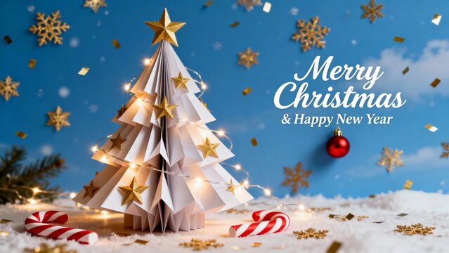 Paper Christmas tree decorated with gold stars and lights, surrounded by candy canes and snowflakes on a snowy surface with festive background.