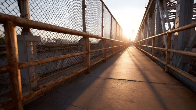 Sunlight illuminating a pedestrian bridge walkway at golden hour casting long shadows - Powered by Adobe