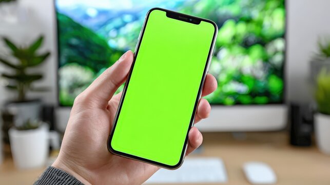 Human hand firmly grasps modern smartphone displaying vibrant green screen in foreground of office setting