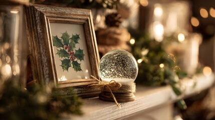 Snow globe and wooden frame with holly Christmas design on a shelf