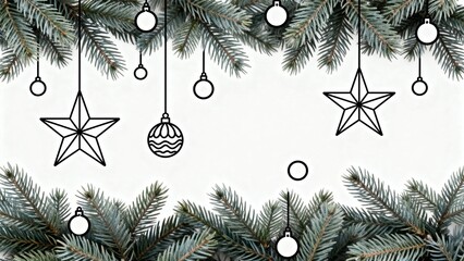 Christmas tree branches with hanging ornaments and stars on a light background