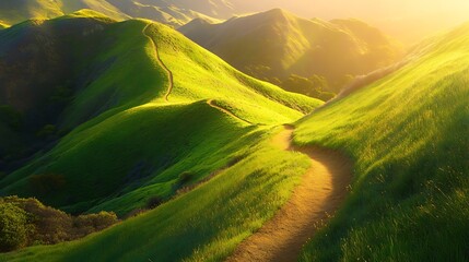 Discover serenity on a sun-kissed trail winding through vibrant green hills, perfect for wellness retreats and inspiring travel adventures today