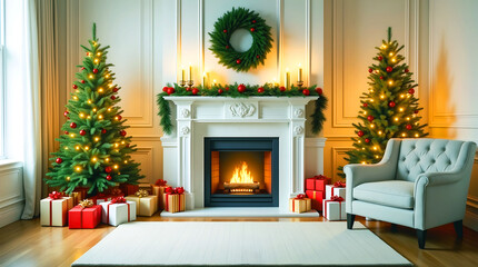 Cozy christmas living room with fireplace and decorated trees