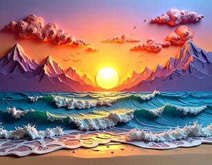 Vibrant seascape with playful, stylized 3D mountains, waves, and fluffy clouds under a bright, orange sunset